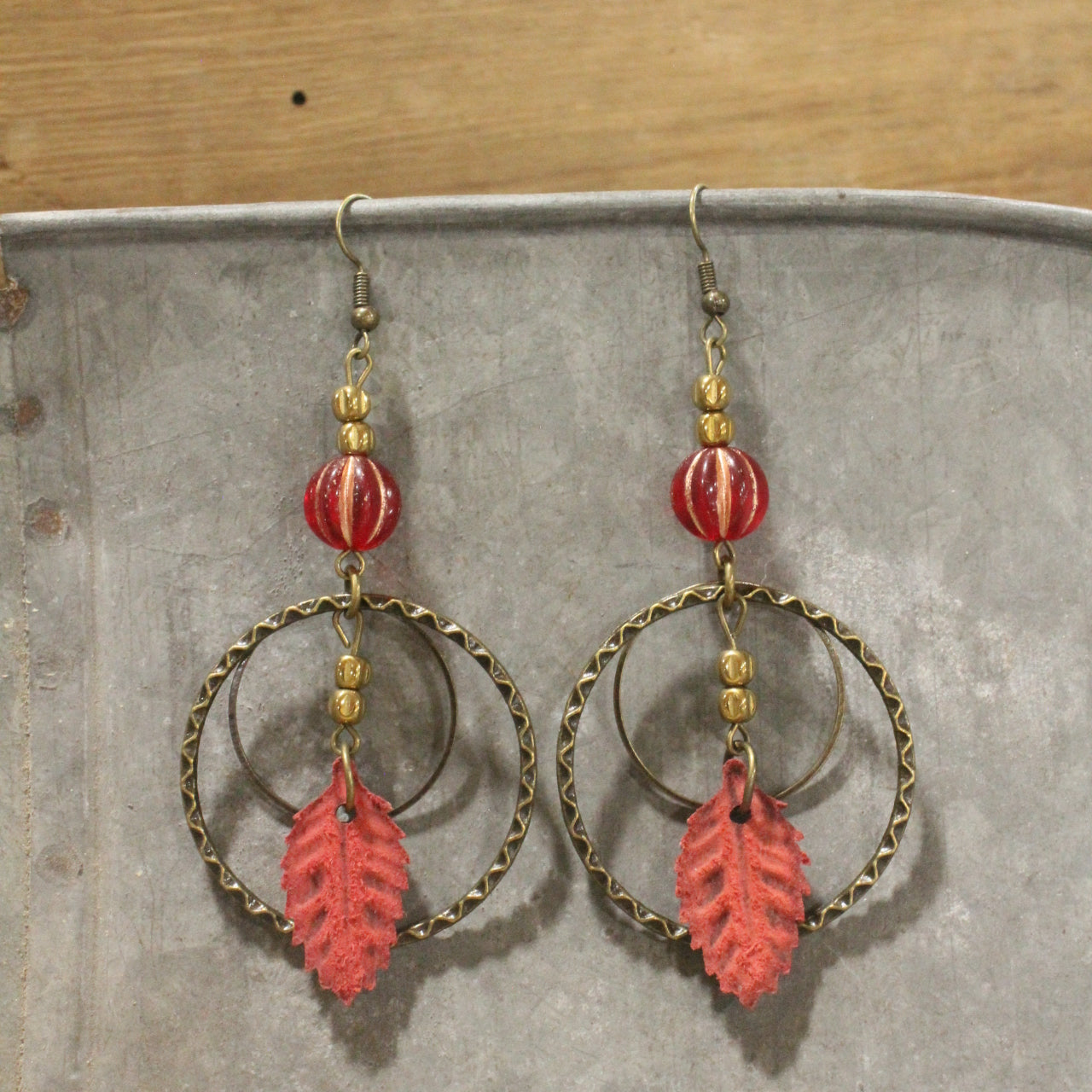 Leather Leaf & Pumpkin Dangle Drop Earrings