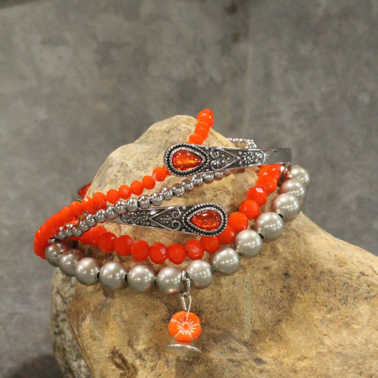 Orange Flower Stretch & Bangle Bracelet Set