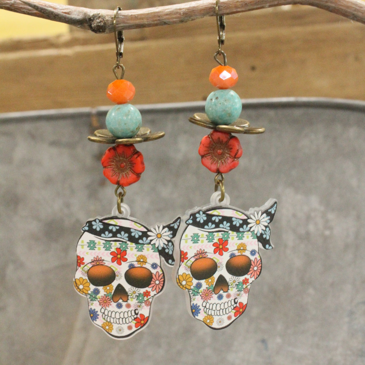 Skulls & Daisies Dangle Drop Earrings