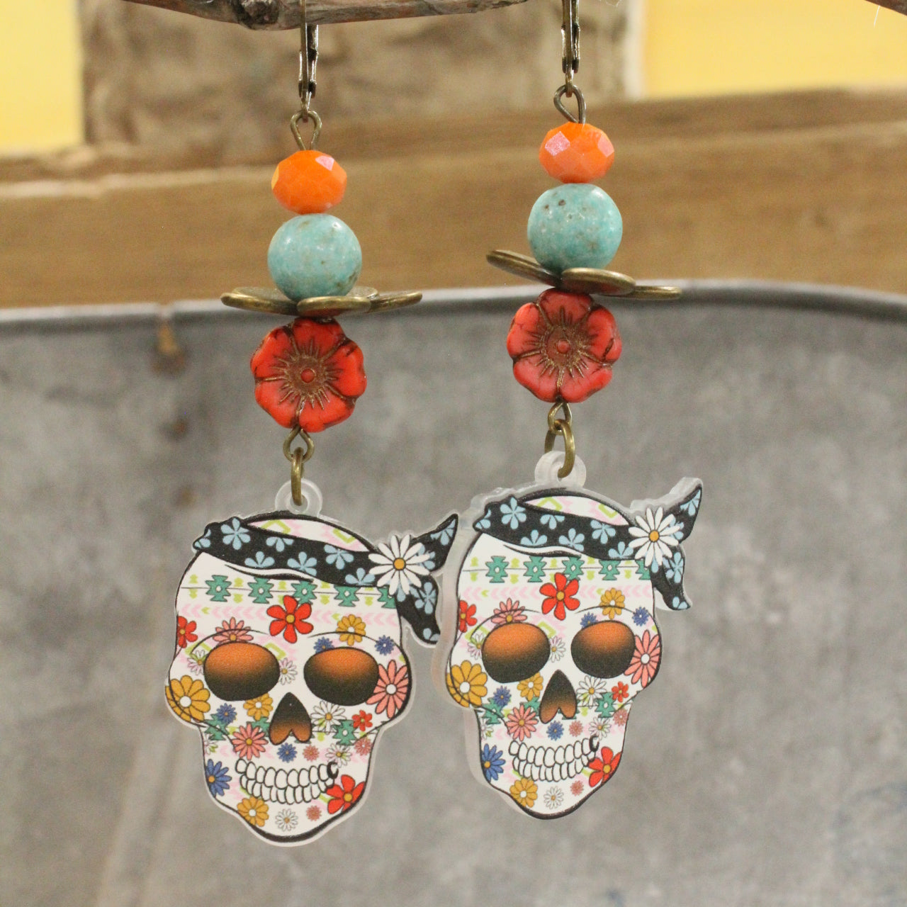 Skulls & Daisies Dangle Drop Earrings