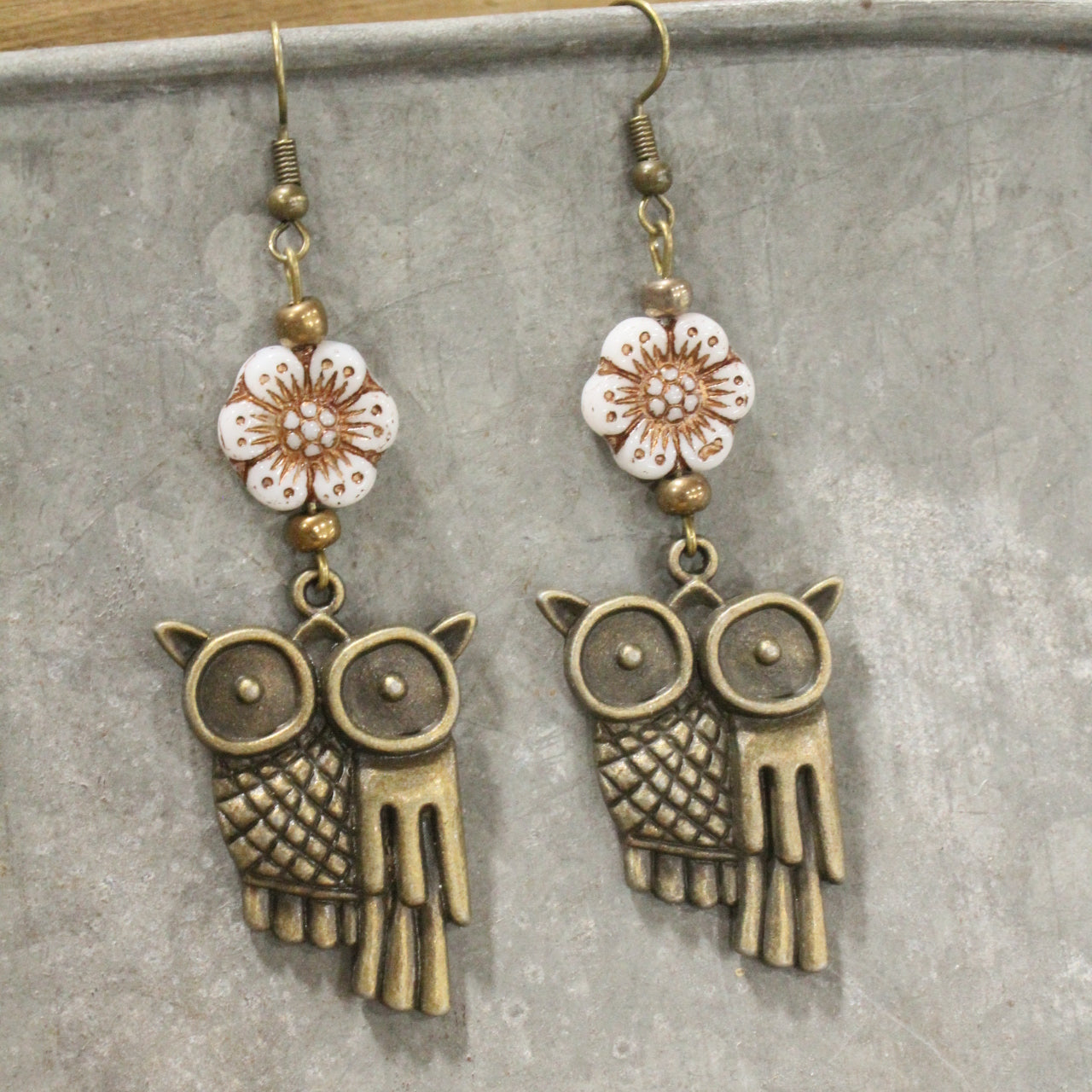 Quirky Owl & Flower Dangle Drop Earrings