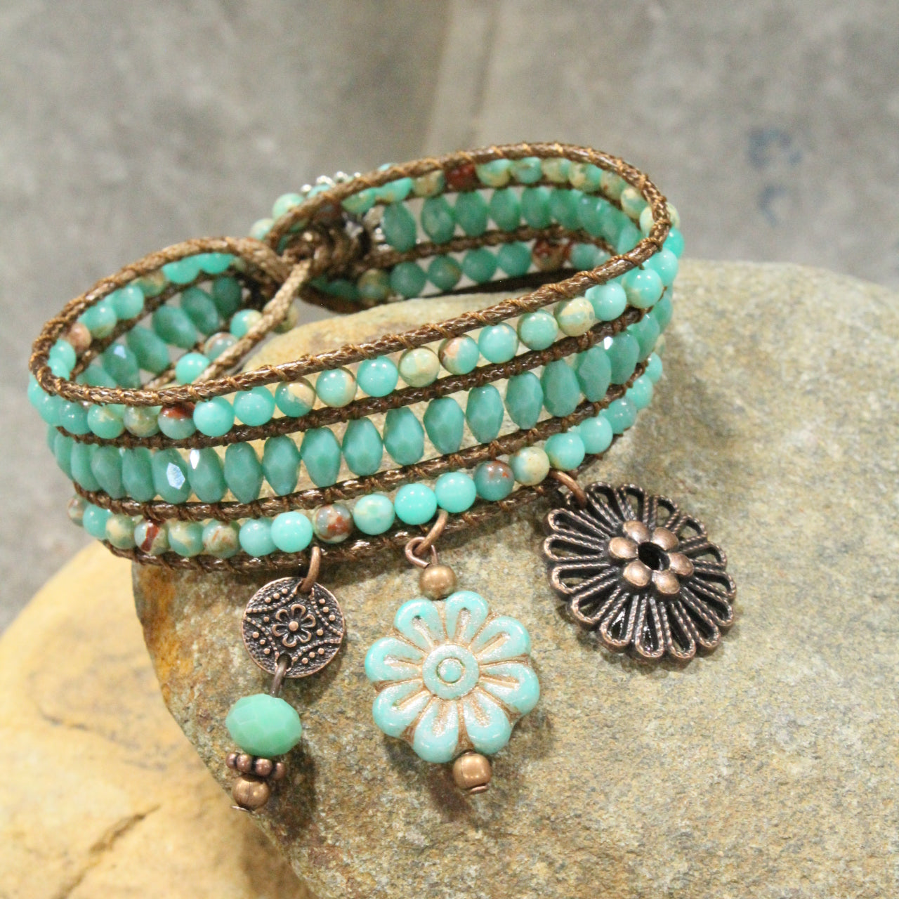 Copper, Leather, Stone Flower Charm Bracelet
