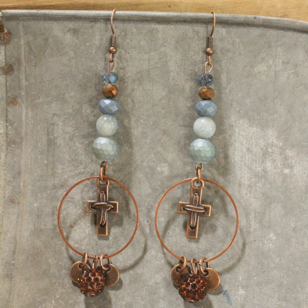 Copper Cross & Stone Dangle Drop Earrings