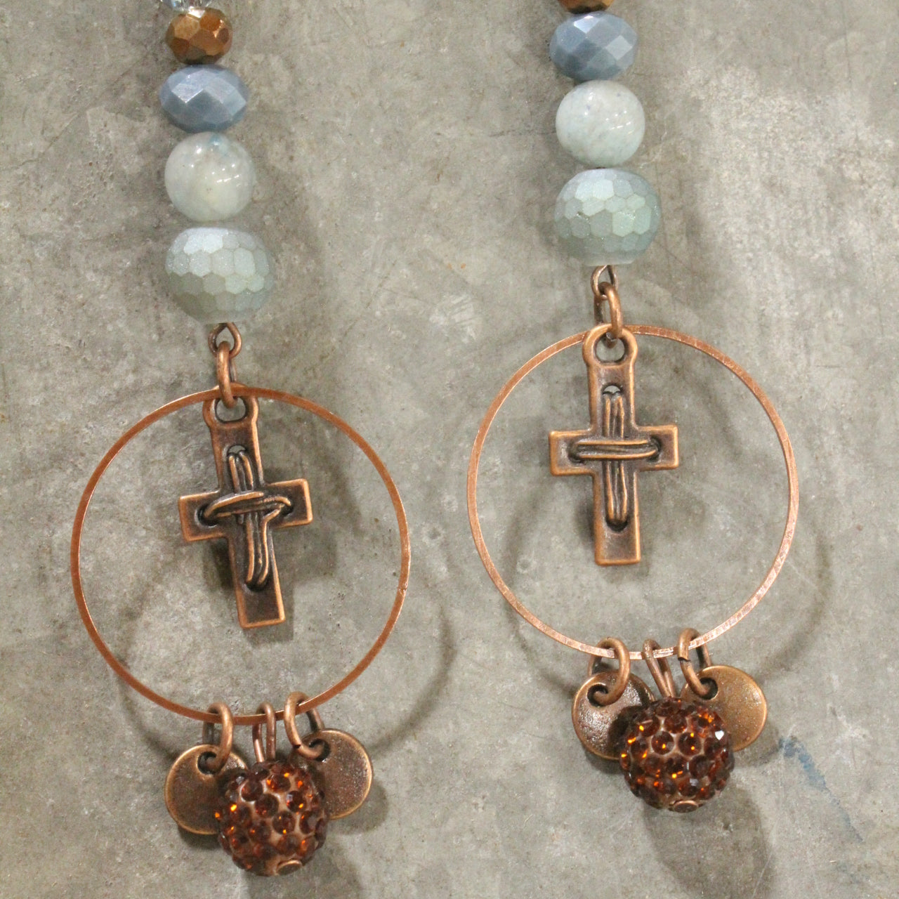 Copper Cross & Stone Dangle Drop Earrings
