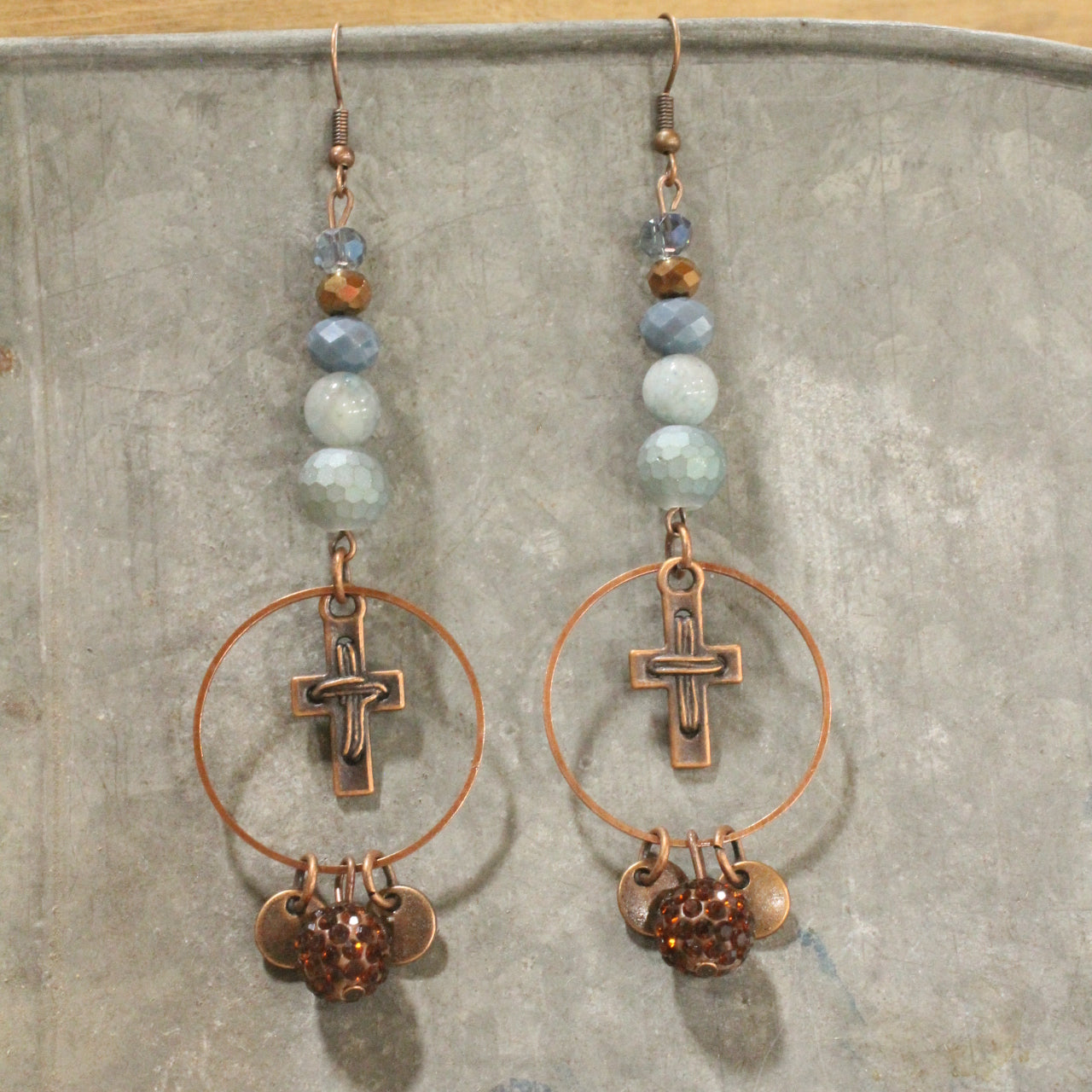 Copper Cross & Stone Dangle Drop Earrings