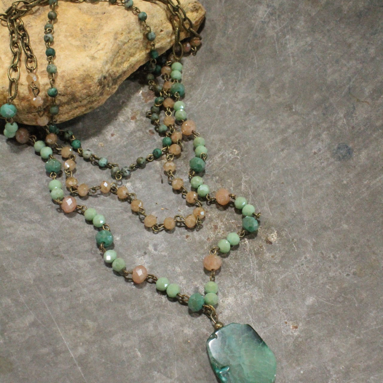 Shades Of Green Stone Drop Layered Necklace