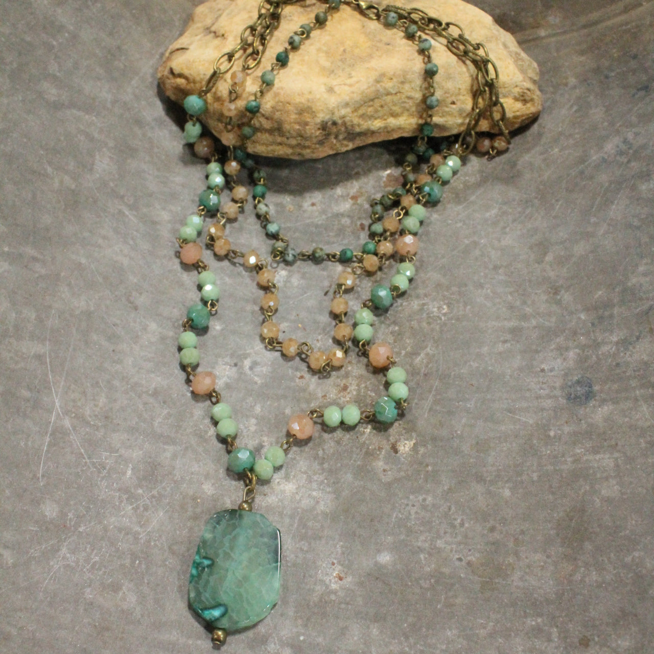 Shades Of Green Stone Drop Layered Necklace