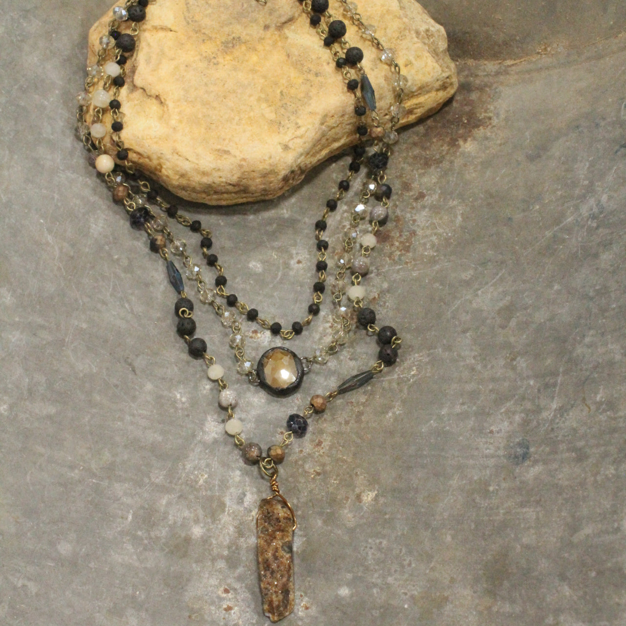 Bohemian Layered Black Stone & Crystal Necklace