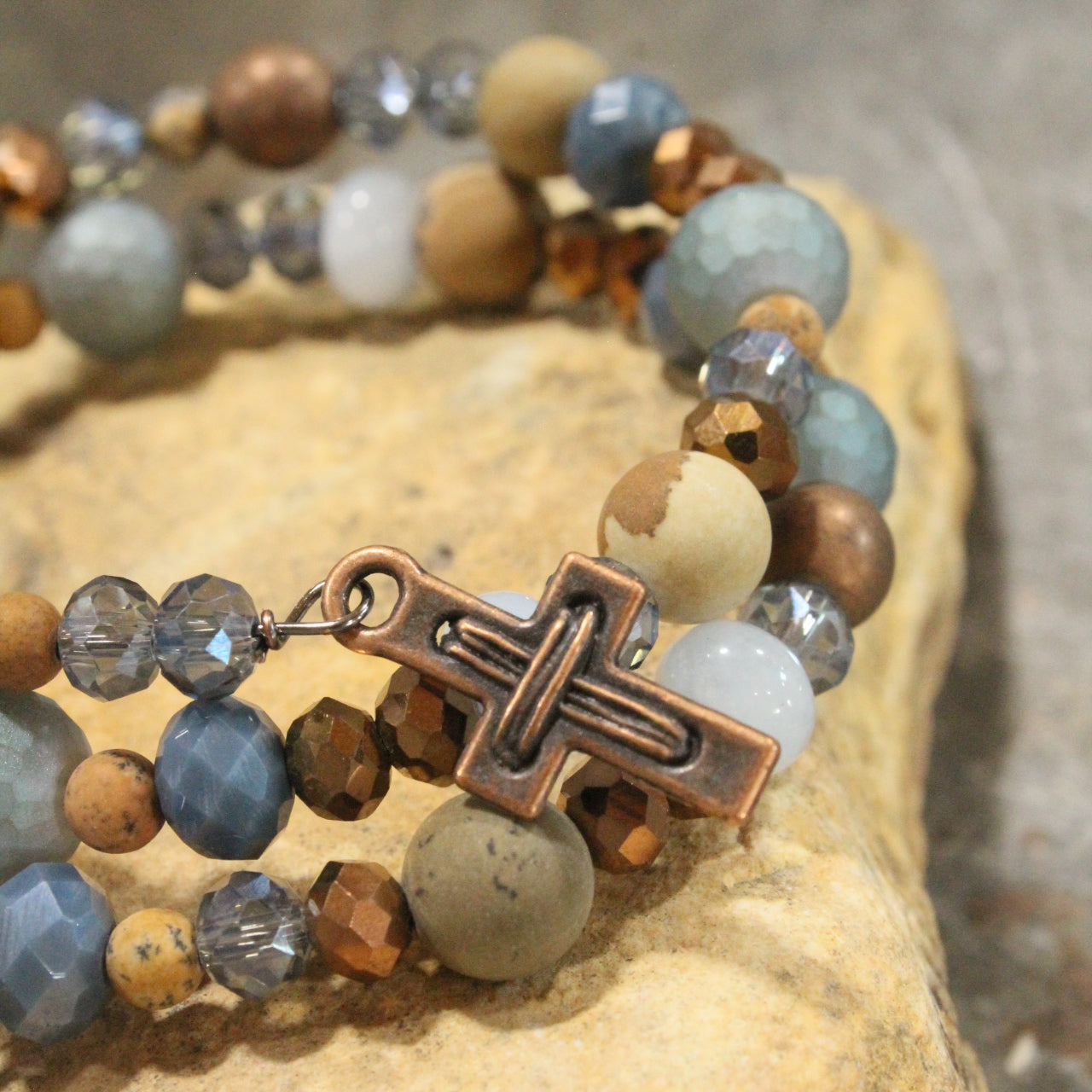 Copper Cross & Stone Wrap Bracelet