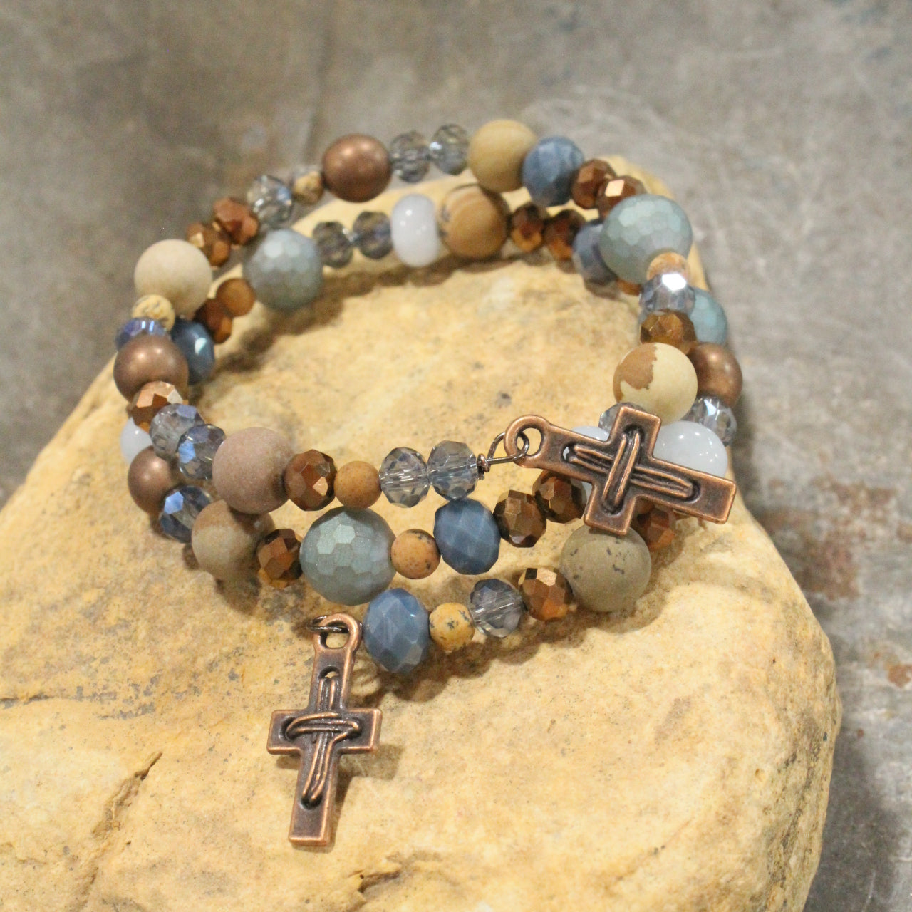 Copper Cross & Stone Wrap Bracelet