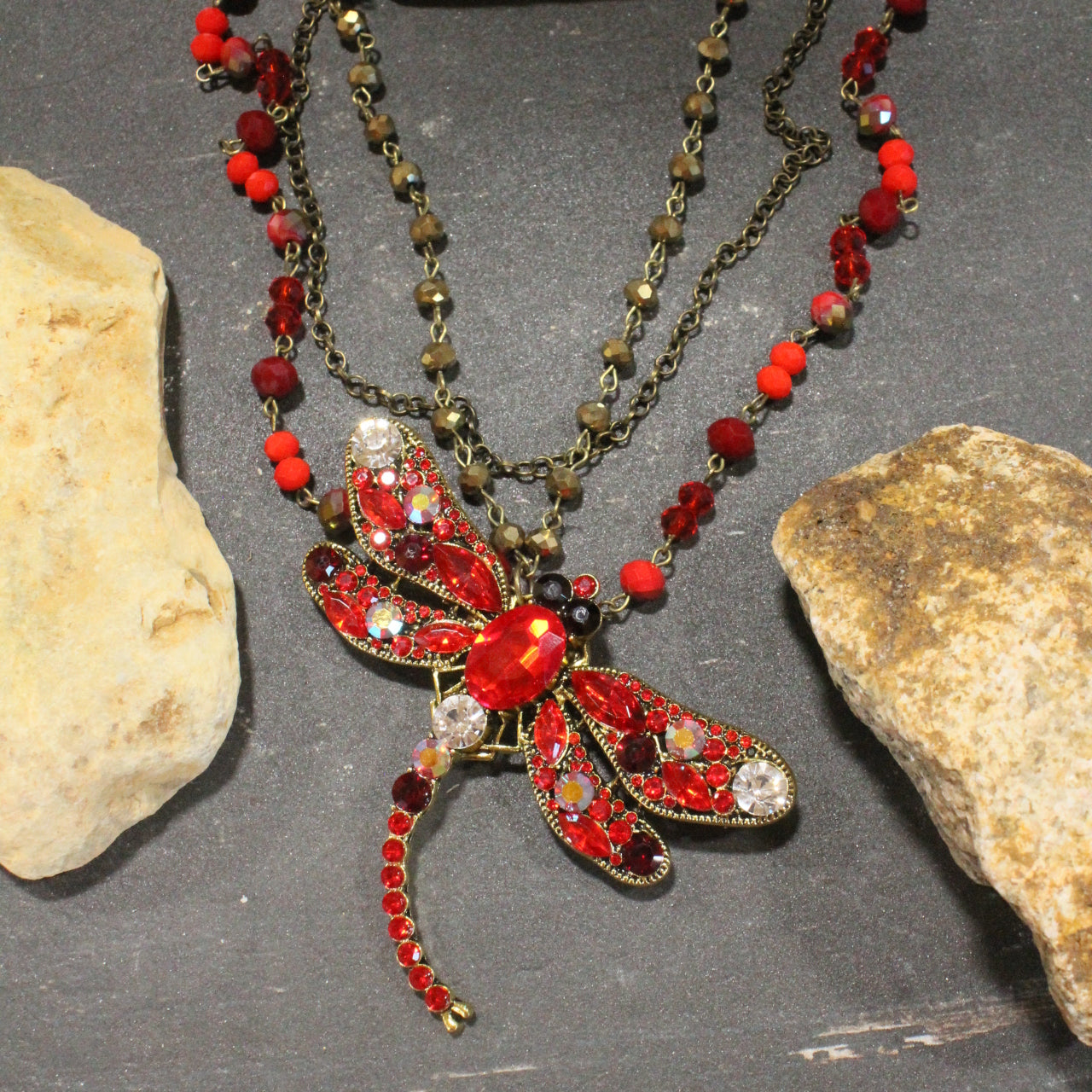 Gliding Red Dragonfly Layered Necklace