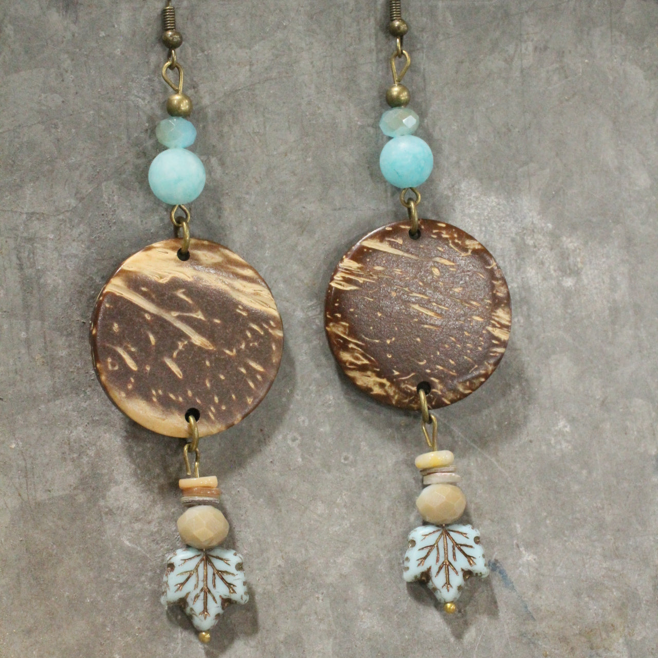 Coconut & Fall Leaf Dangle Drop Earrings