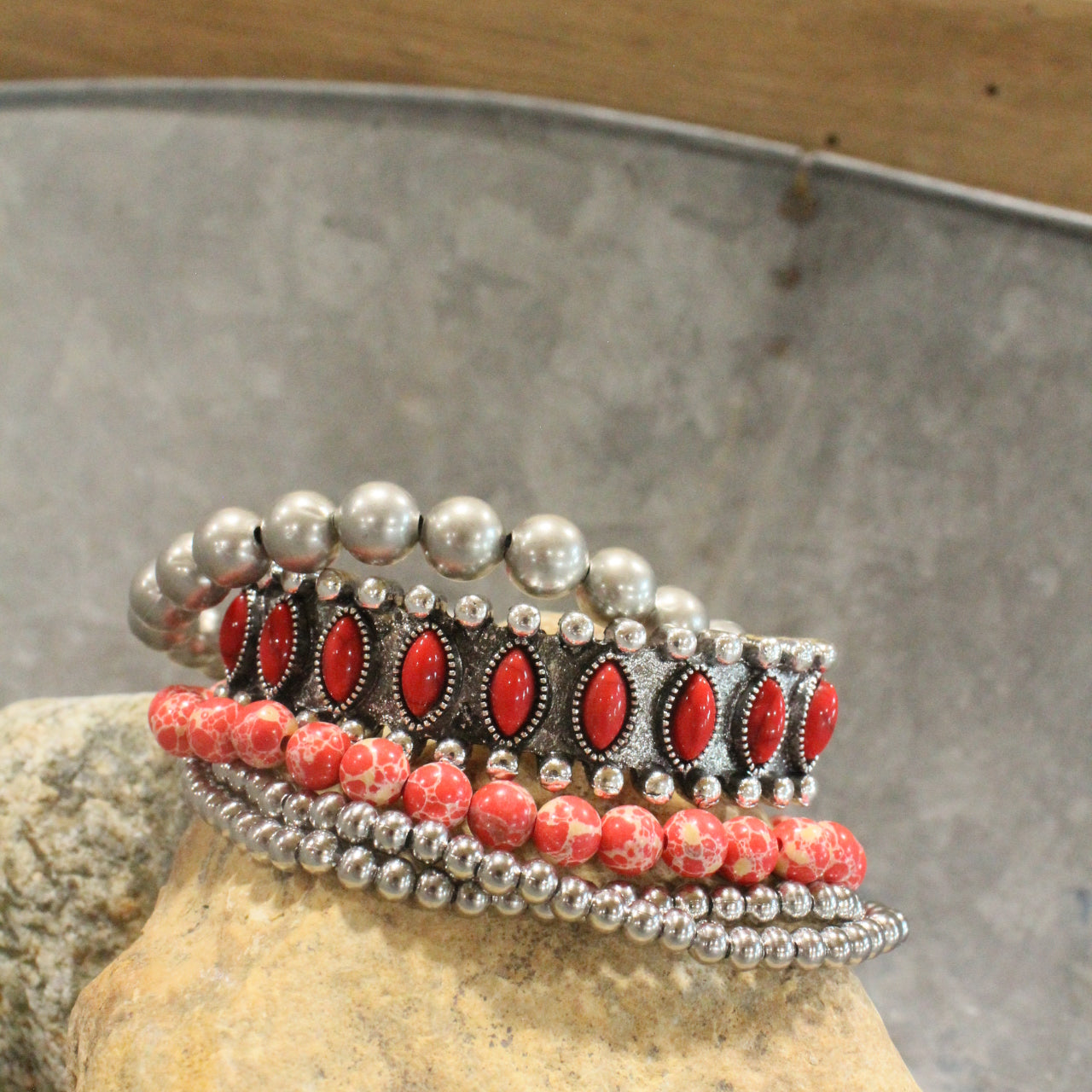 Loads Of Layers Red Stones & Metal Bracelet Set
