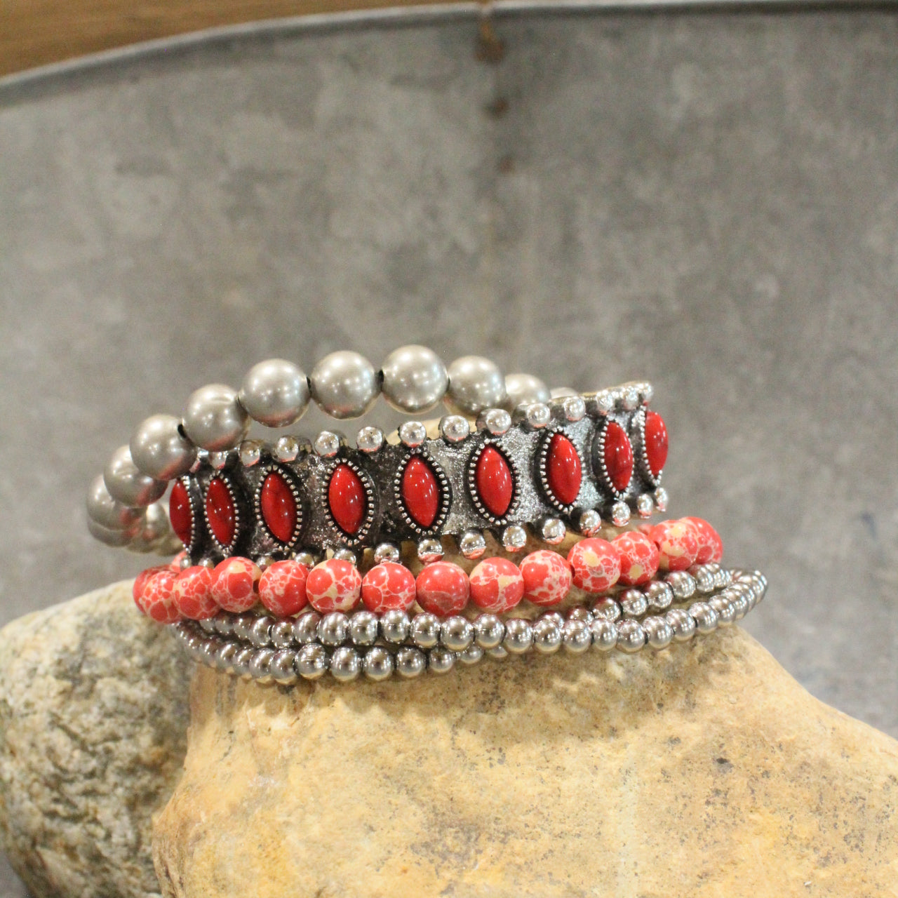 Loads Of Layers Red Stones & Metal Bracelet Set