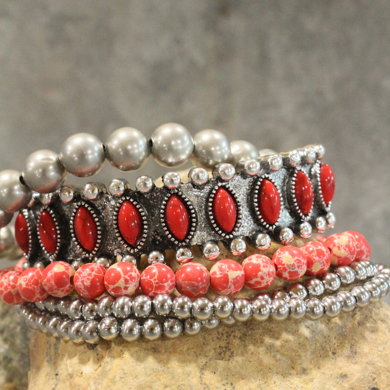 Loads Of Layers Red Stones & Metal Bracelet Set