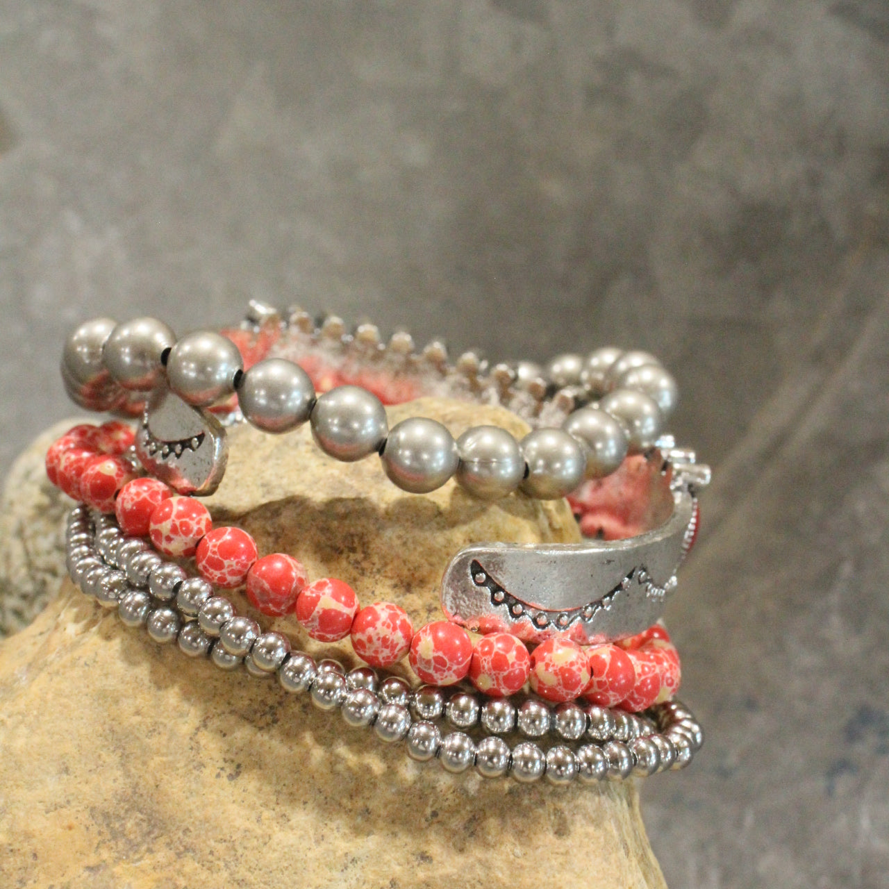 Loads Of Layers Red Stones & Metal Bracelet Set