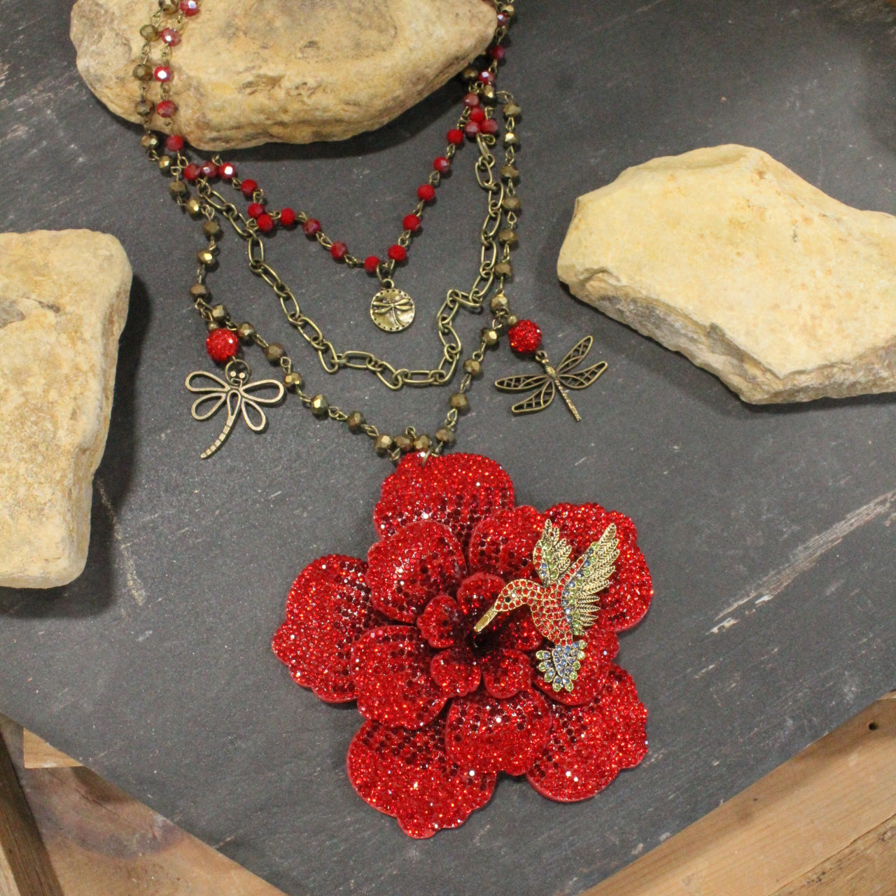 Power In The Flower Red Humming Bird Layered Necklace