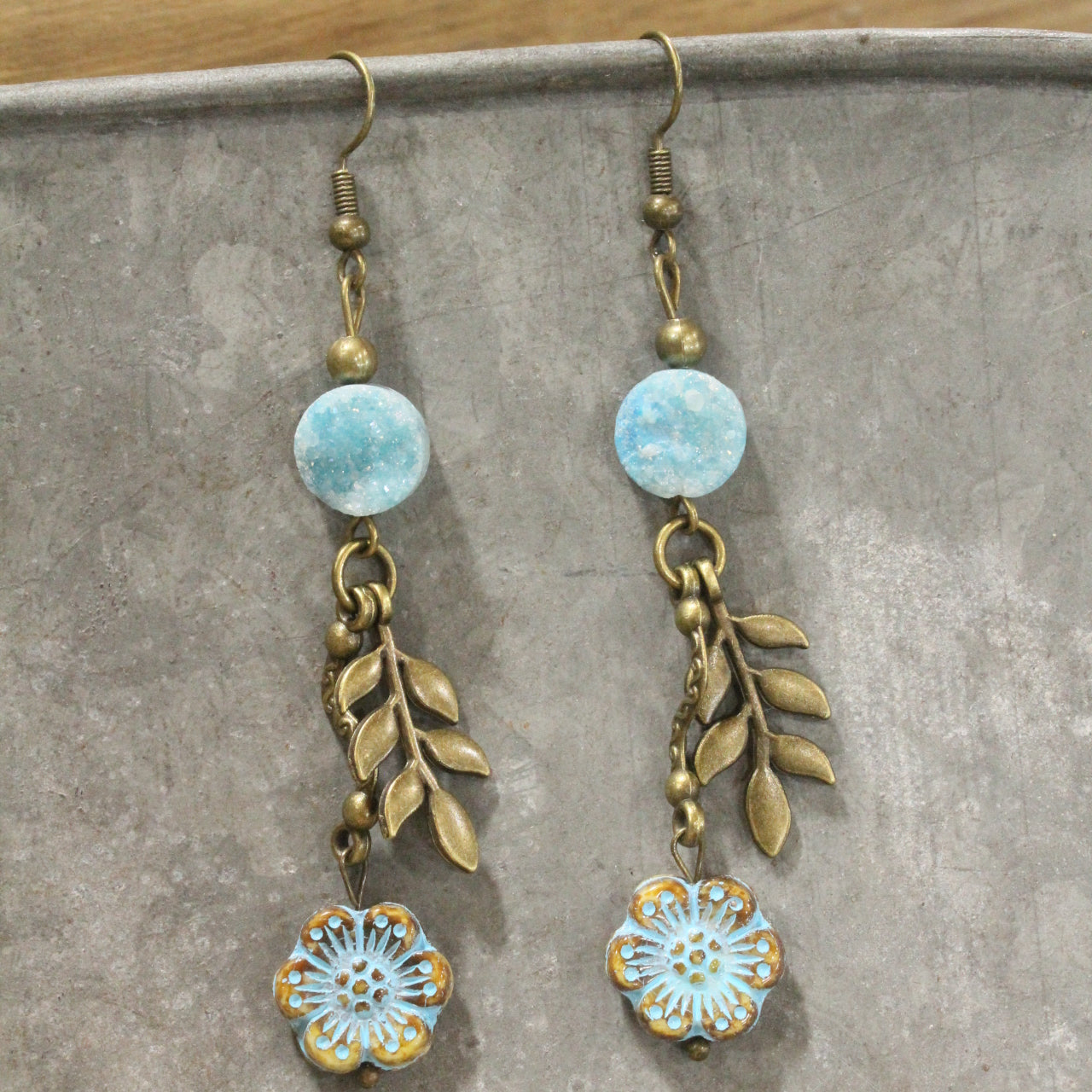 In Druzy Fashion Powder Blue Floral Czech Dangle Earrings