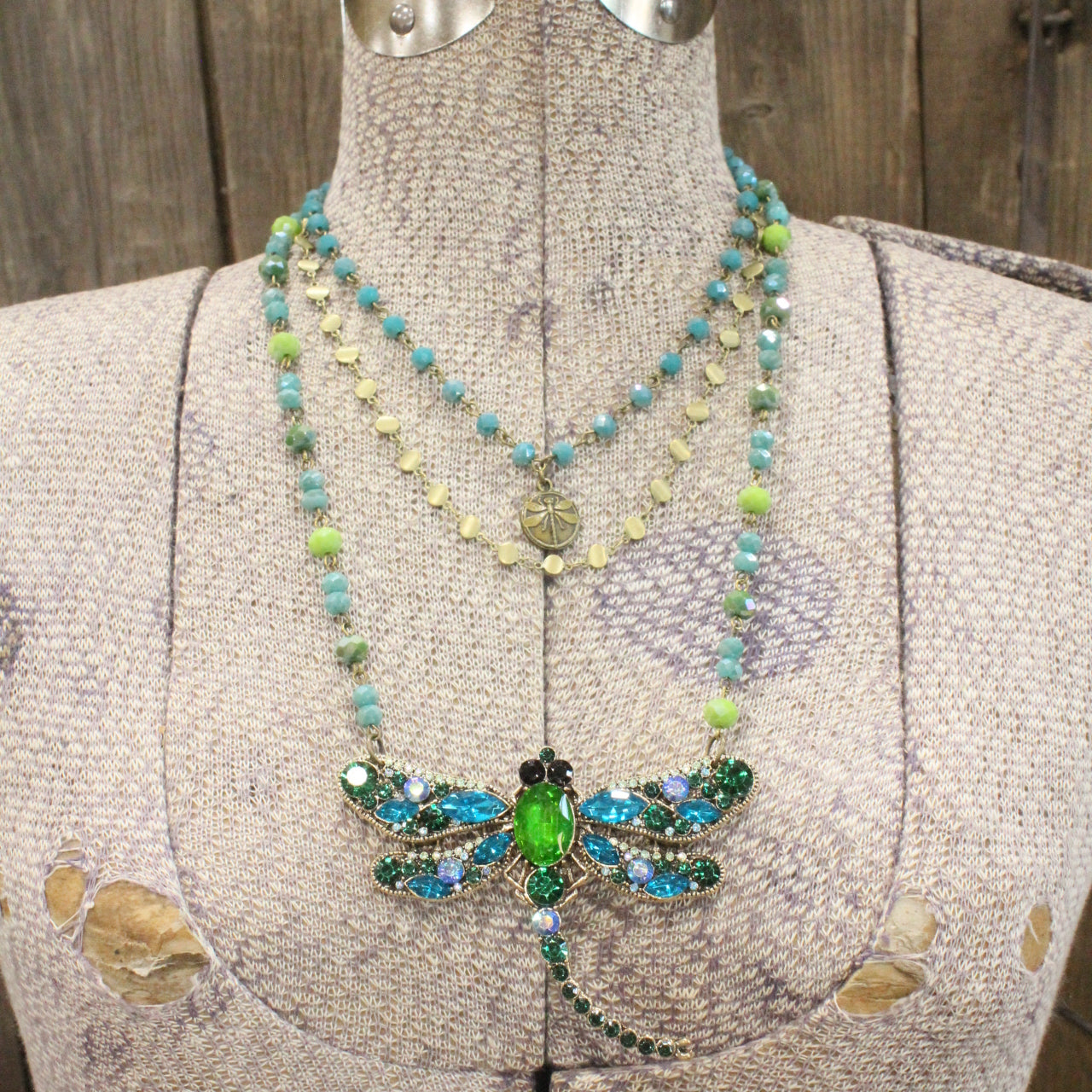 Gliding Teal & Green Dragonfly Layered Necklace