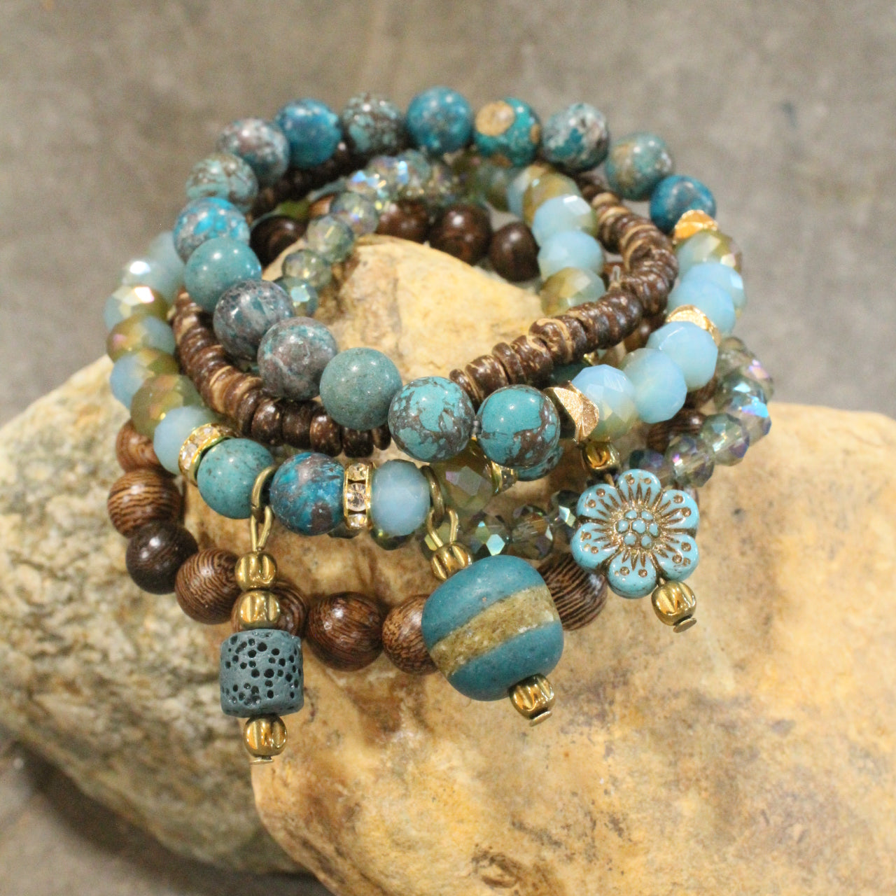 Vintage Stone & Flower Bracelet Set