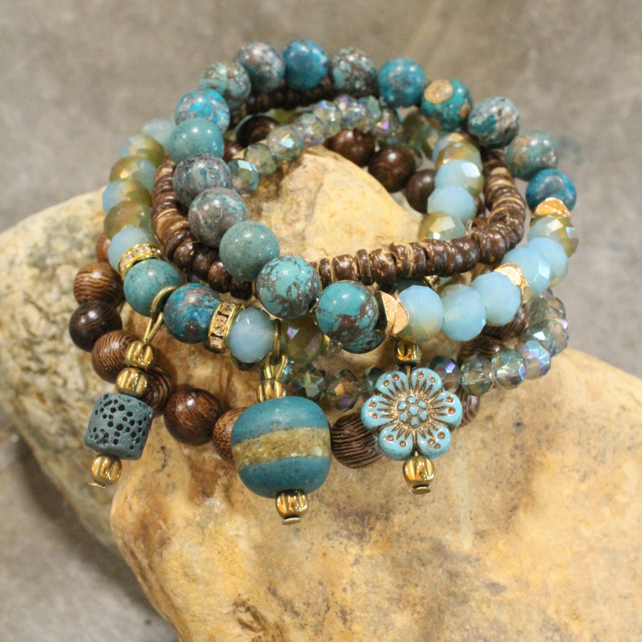 Vintage Stone & Flower Bracelet Set
