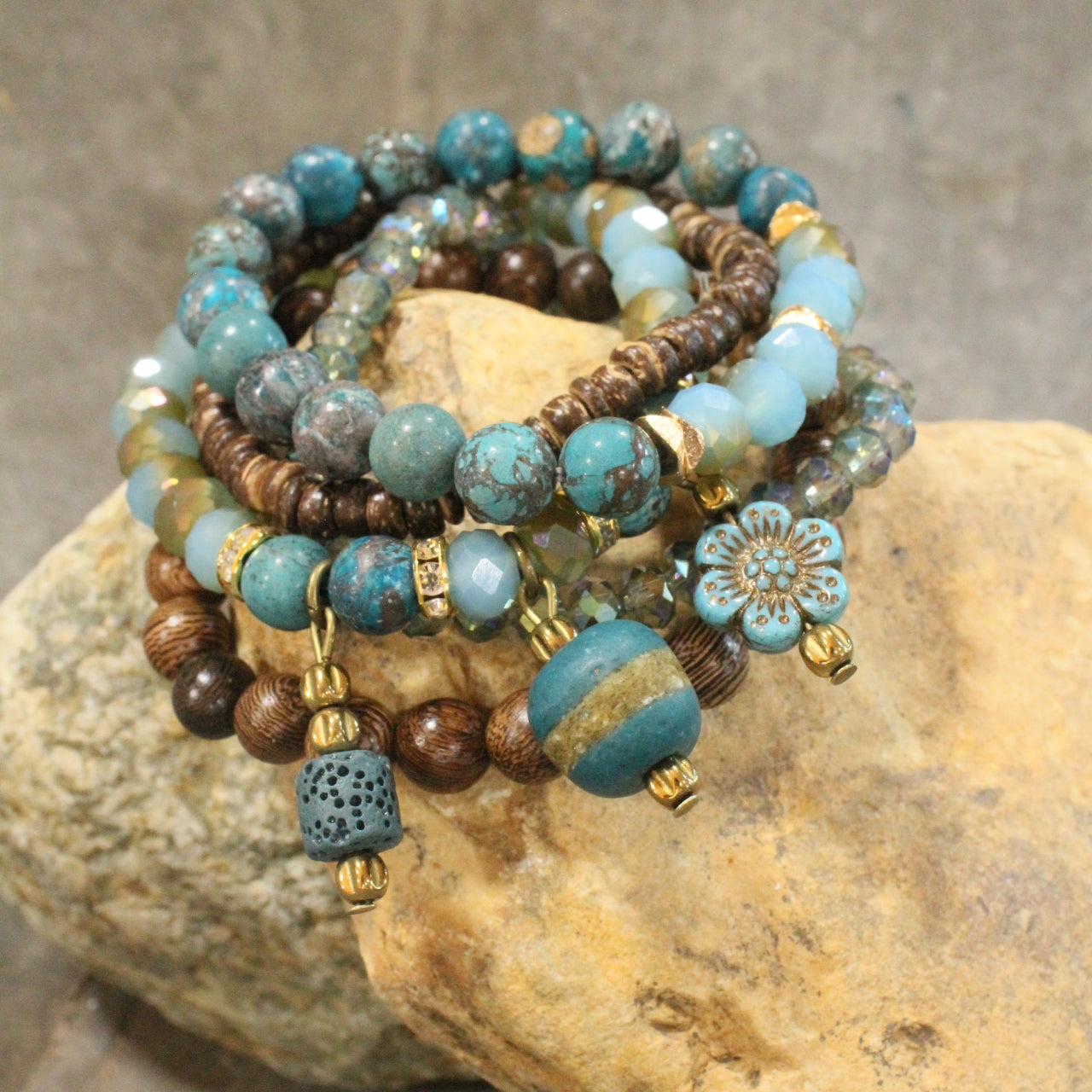 Vintage Stone & Flower Bracelet Set