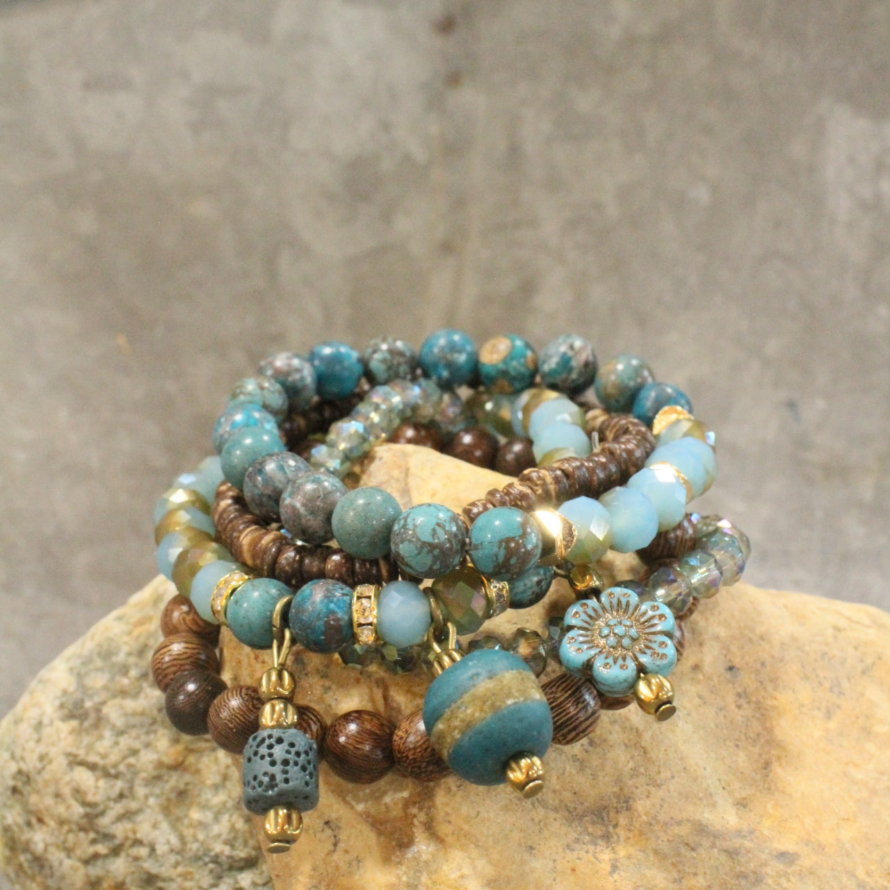 Vintage Stone & Flower Bracelet Set