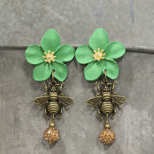 Power In The Flower Green Bee Dangle Earrings