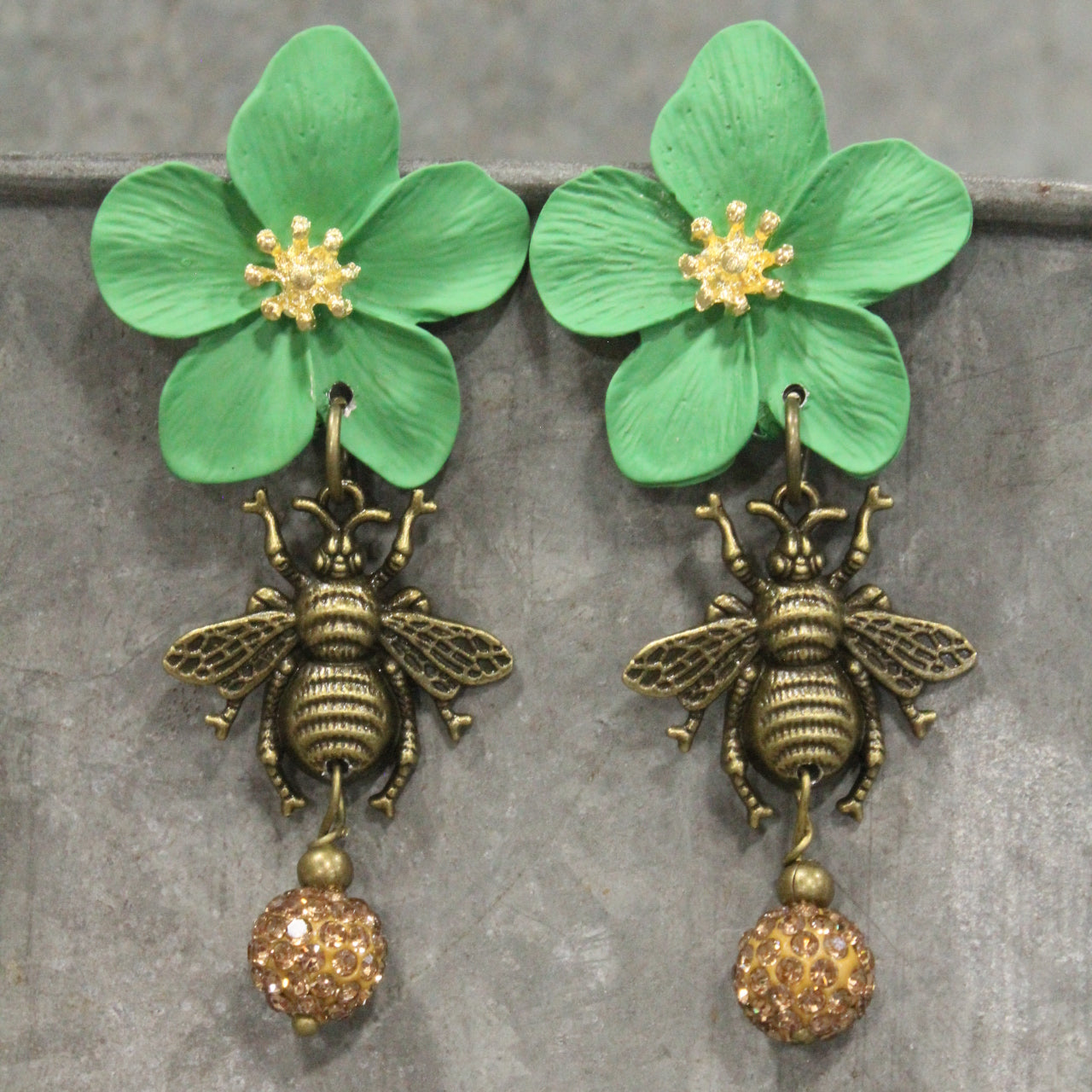 Power In The Flower Green Bee Dangle Earrings