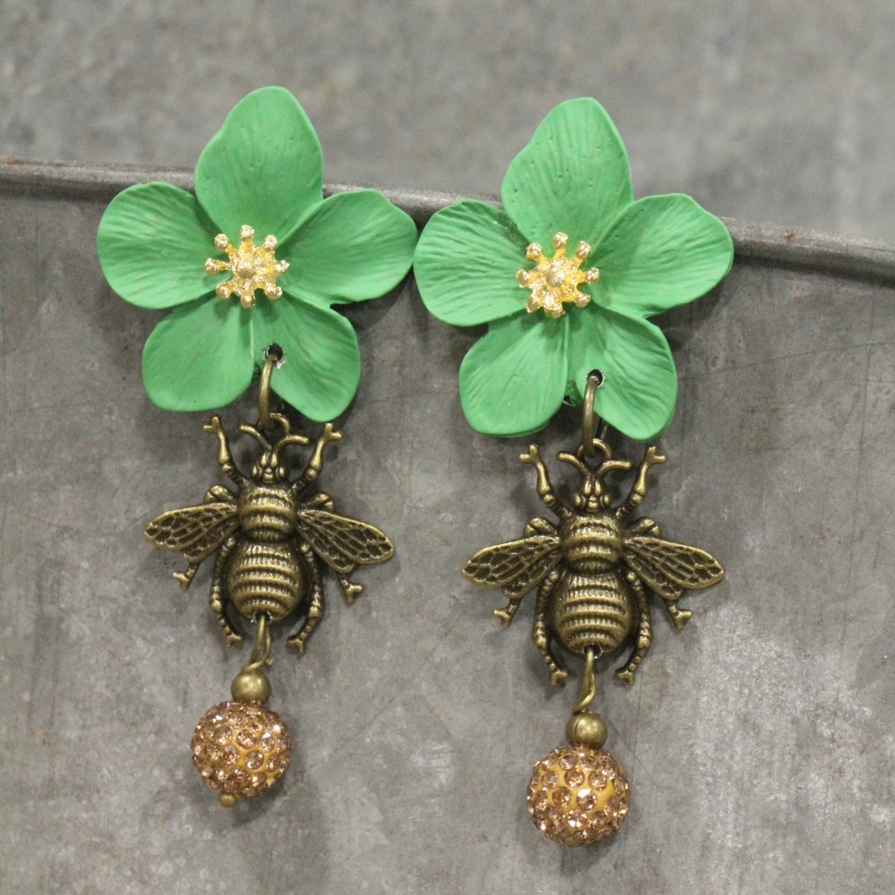 Power In The Flower Green Bee Dangle Earrings