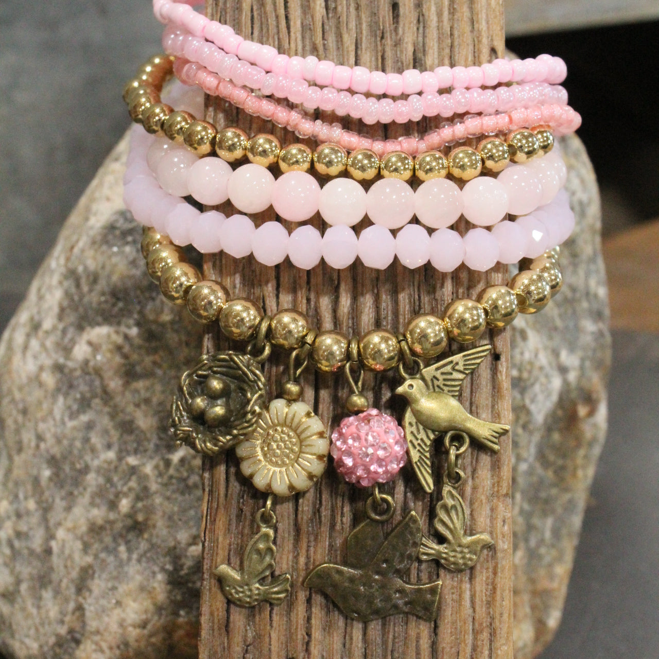 Power In The Flower Blushing Humming Bird Bracelet Set