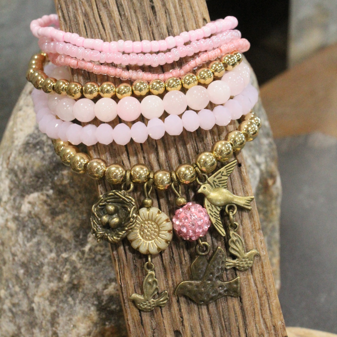 Power In The Flower Blushing Humming Bird Bracelet Set