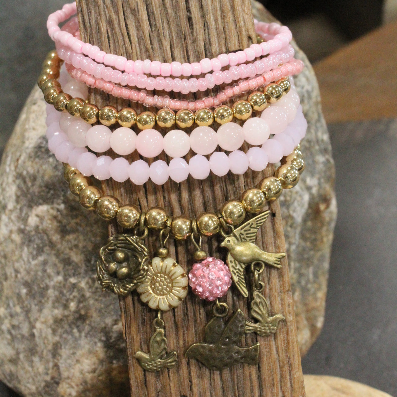 Power In The Flower Blushing Humming Bird Bracelet Set