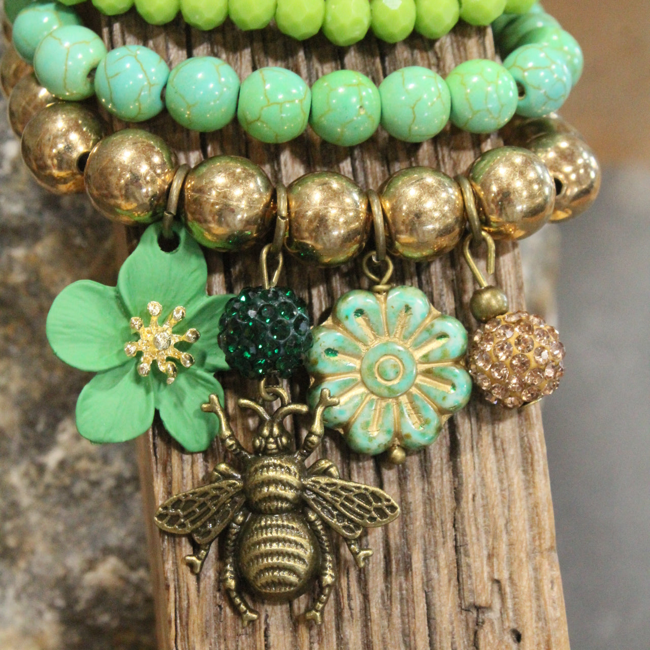 Power In The Flower Green Bee Bracelet Set