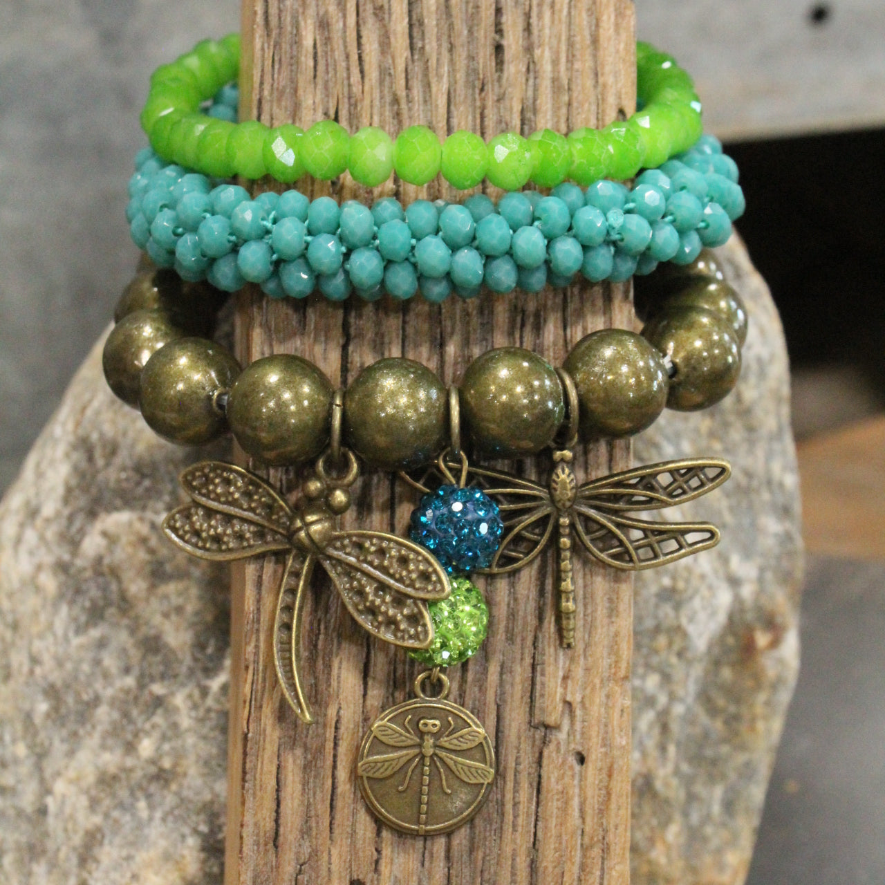 Gliding Teal & Green Dragonfly Bracelet Set