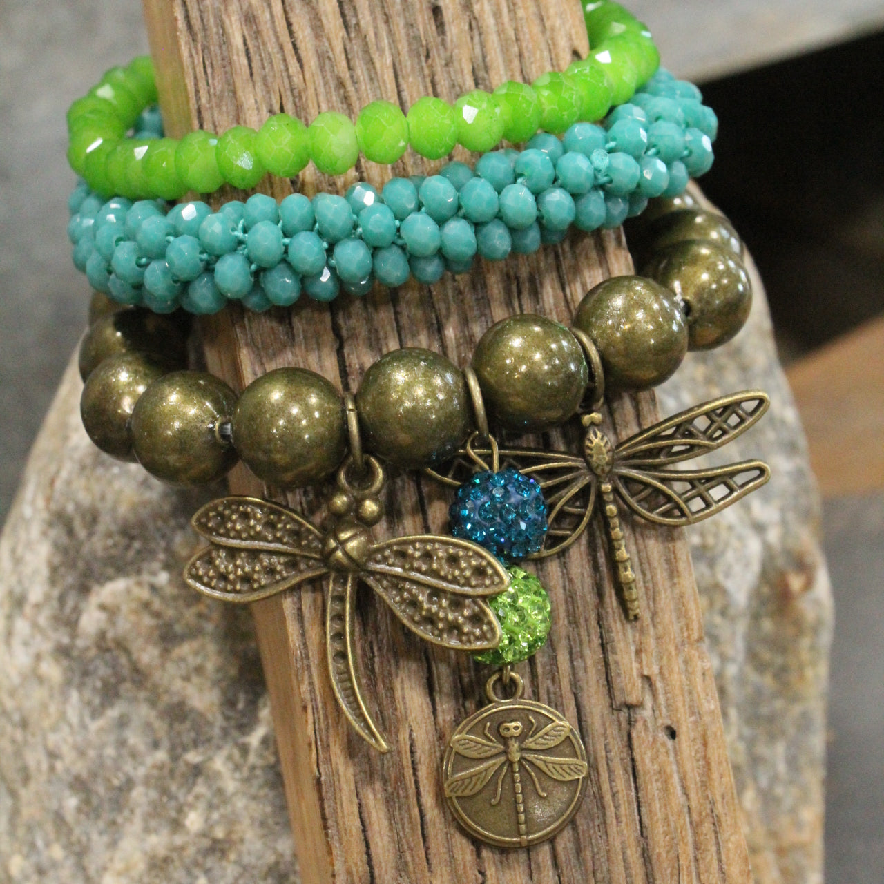 Gliding Teal & Green Dragonfly Bracelet Set