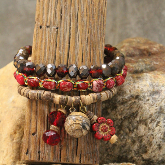 Rich In Red Stone & Glass Sass Bracelet Set