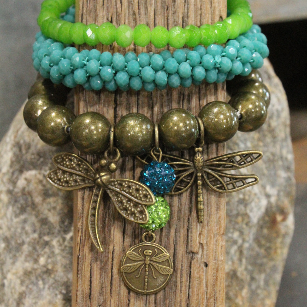 Gliding Teal & Green Dragonfly Bracelet Set