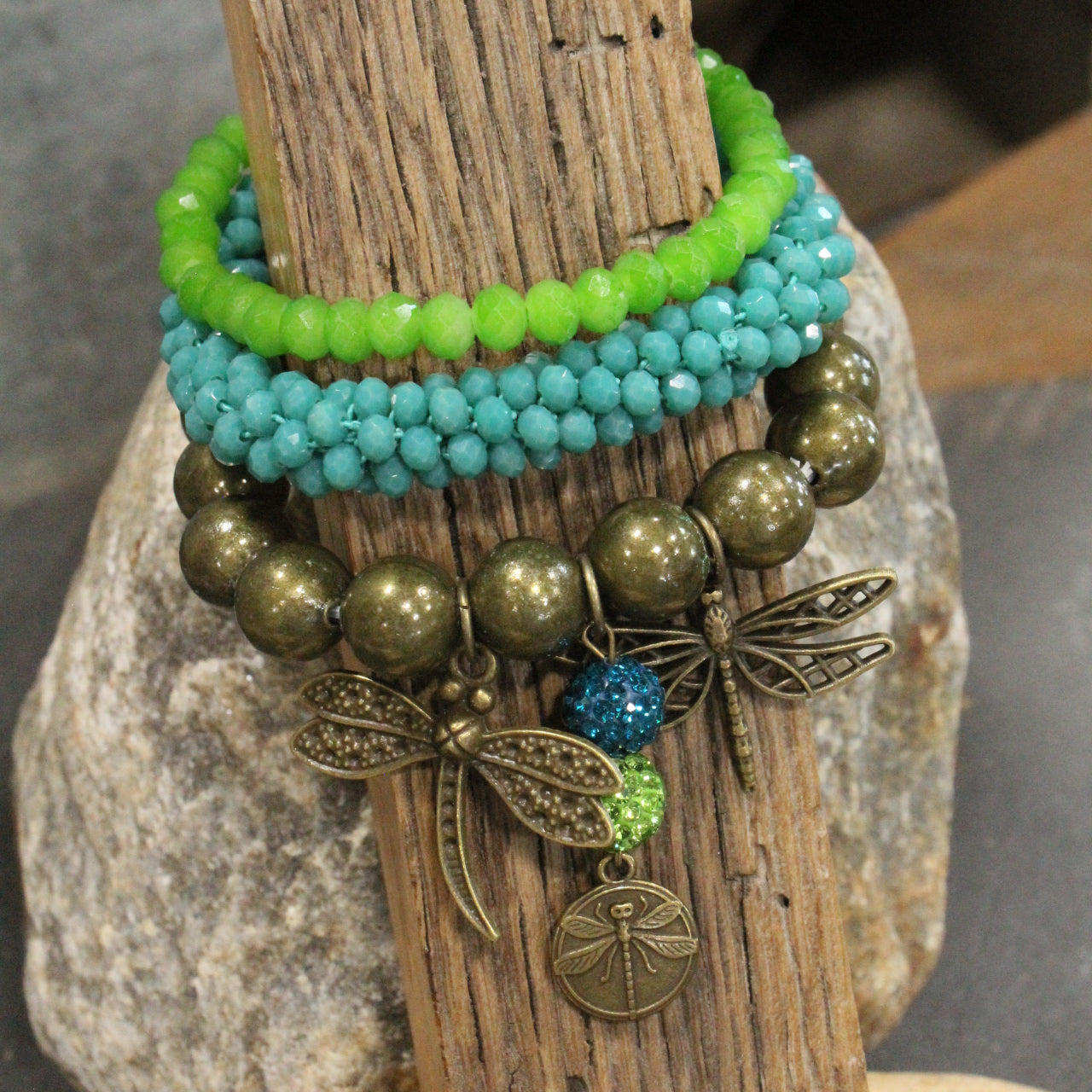 Gliding Teal & Green Dragonfly Bracelet Set