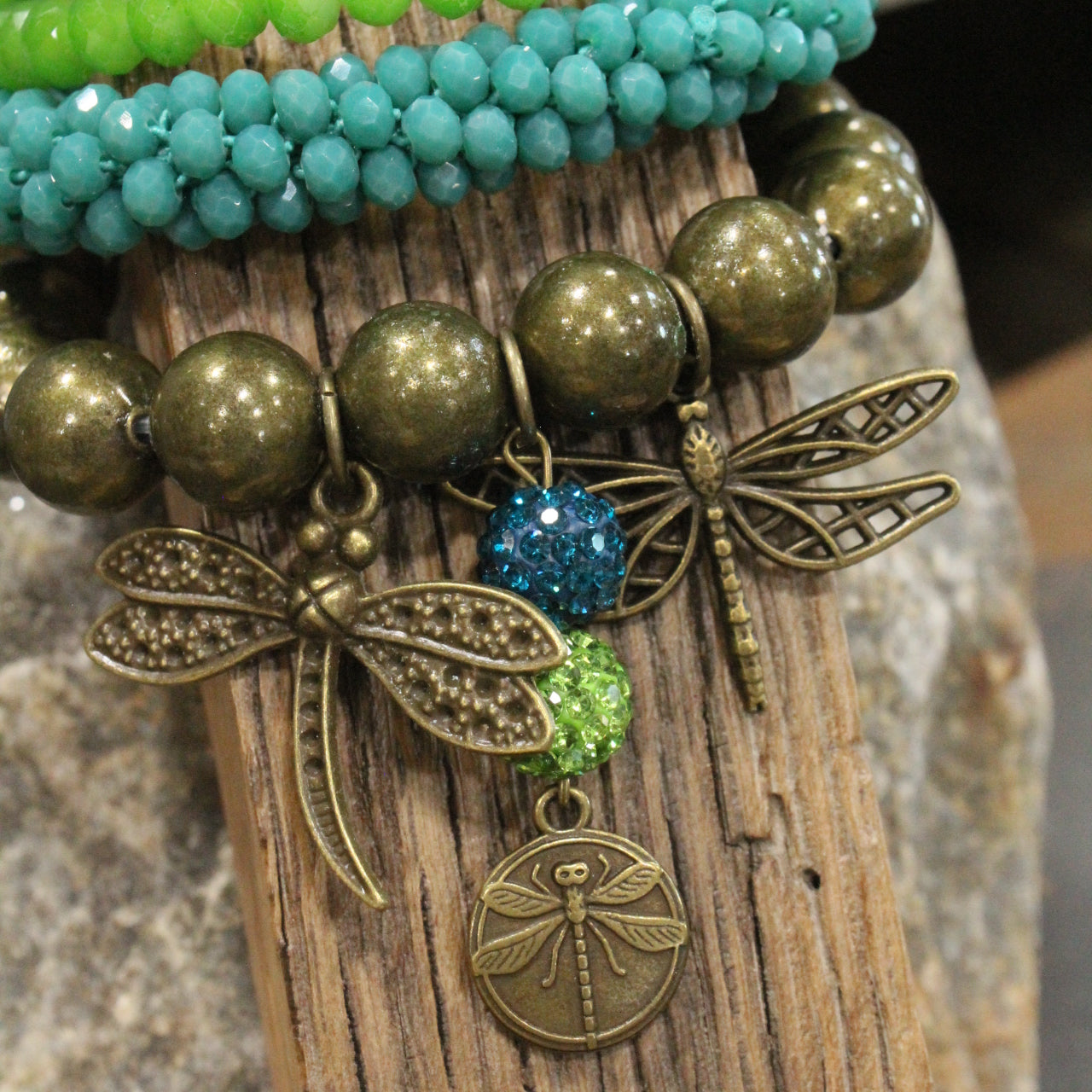 Gliding Teal & Green Dragonfly Bracelet Set