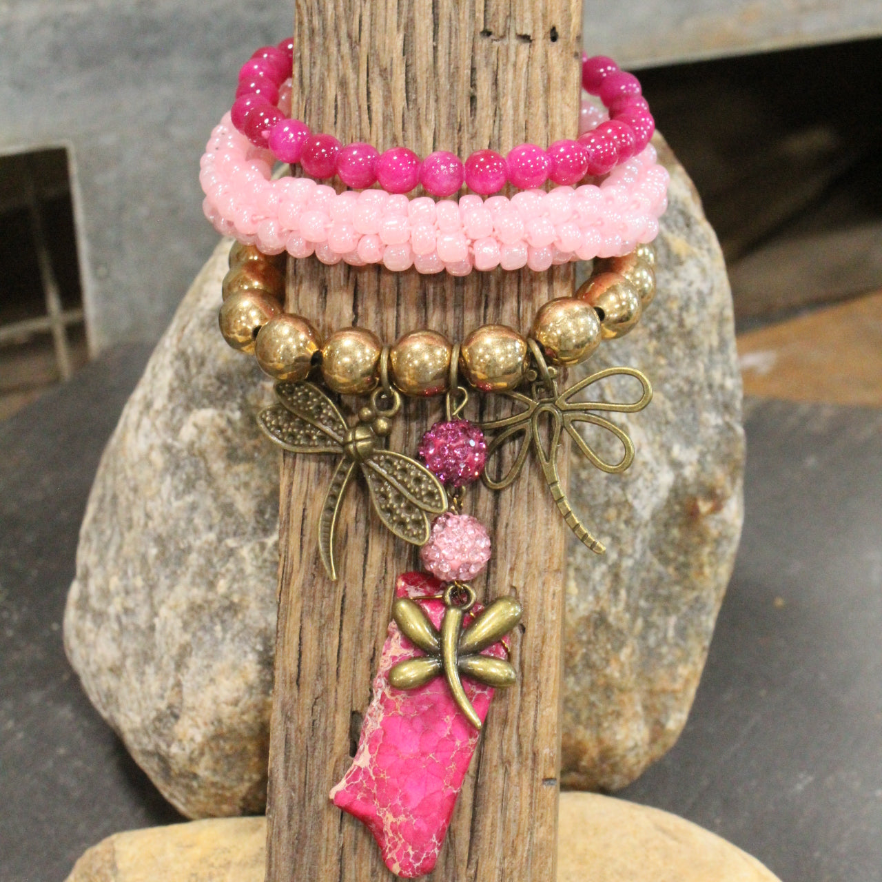 Gliding Strawberry Dragonfly Bracelet Set