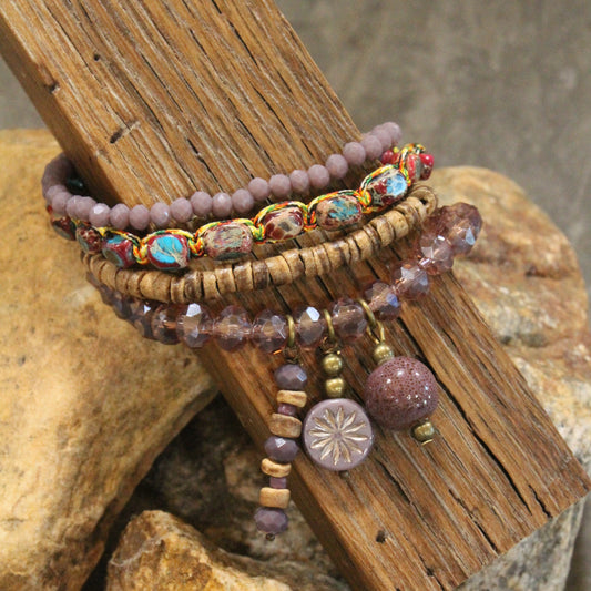 Lavender Stone & Czech Charm Bracelet Set