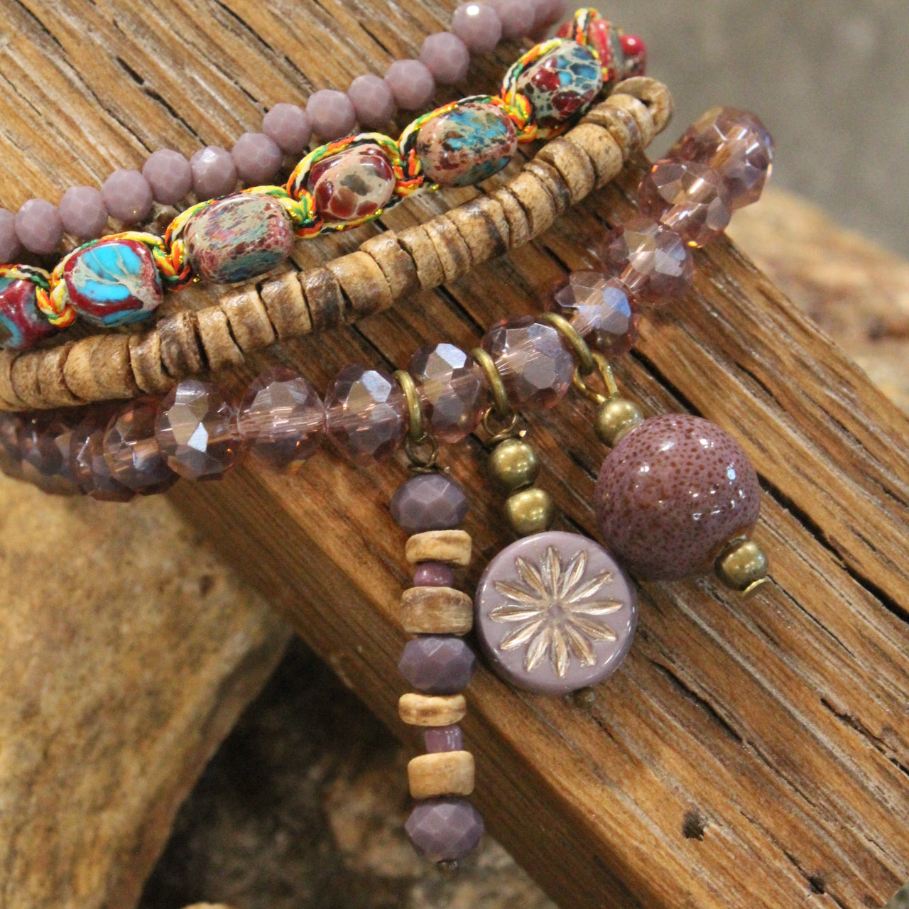 Lavender Stone & Czech Charm Bracelet Set