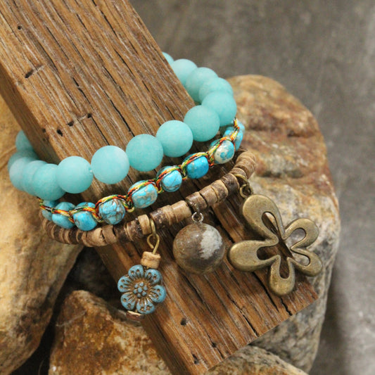 Turquoise Stone & Czech Flower Charm Bracelet Set