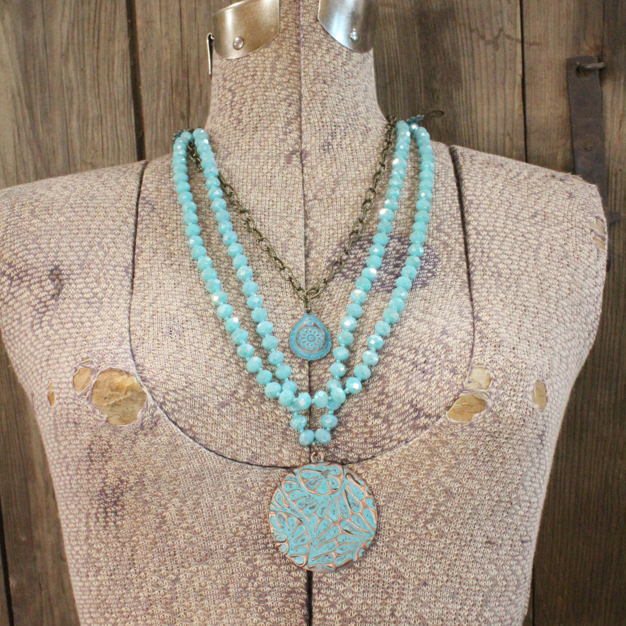 Bronze & Turquoise Flower Pendant Layered Necklace