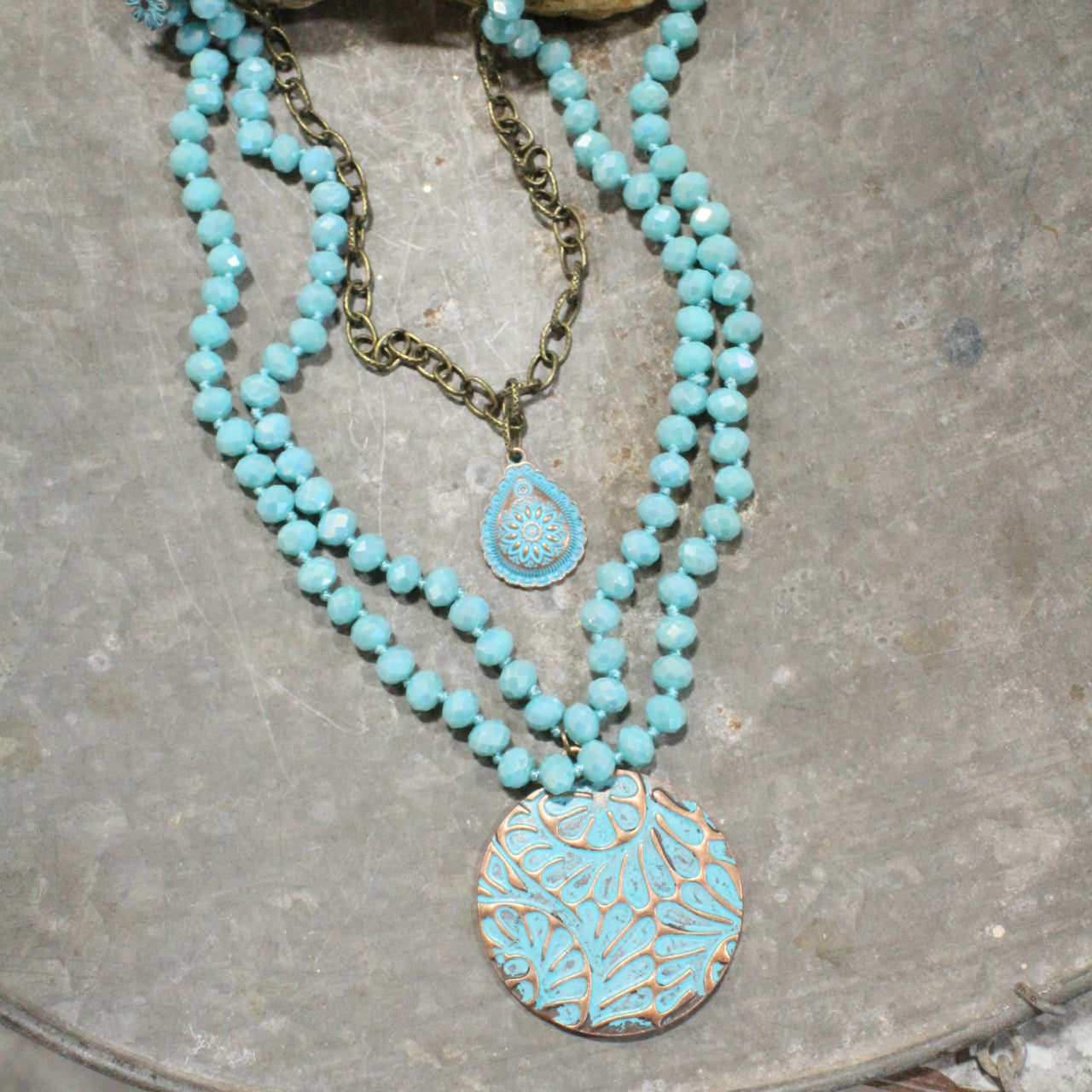 Bronze & Turquoise Flower Pendant Layered Necklace