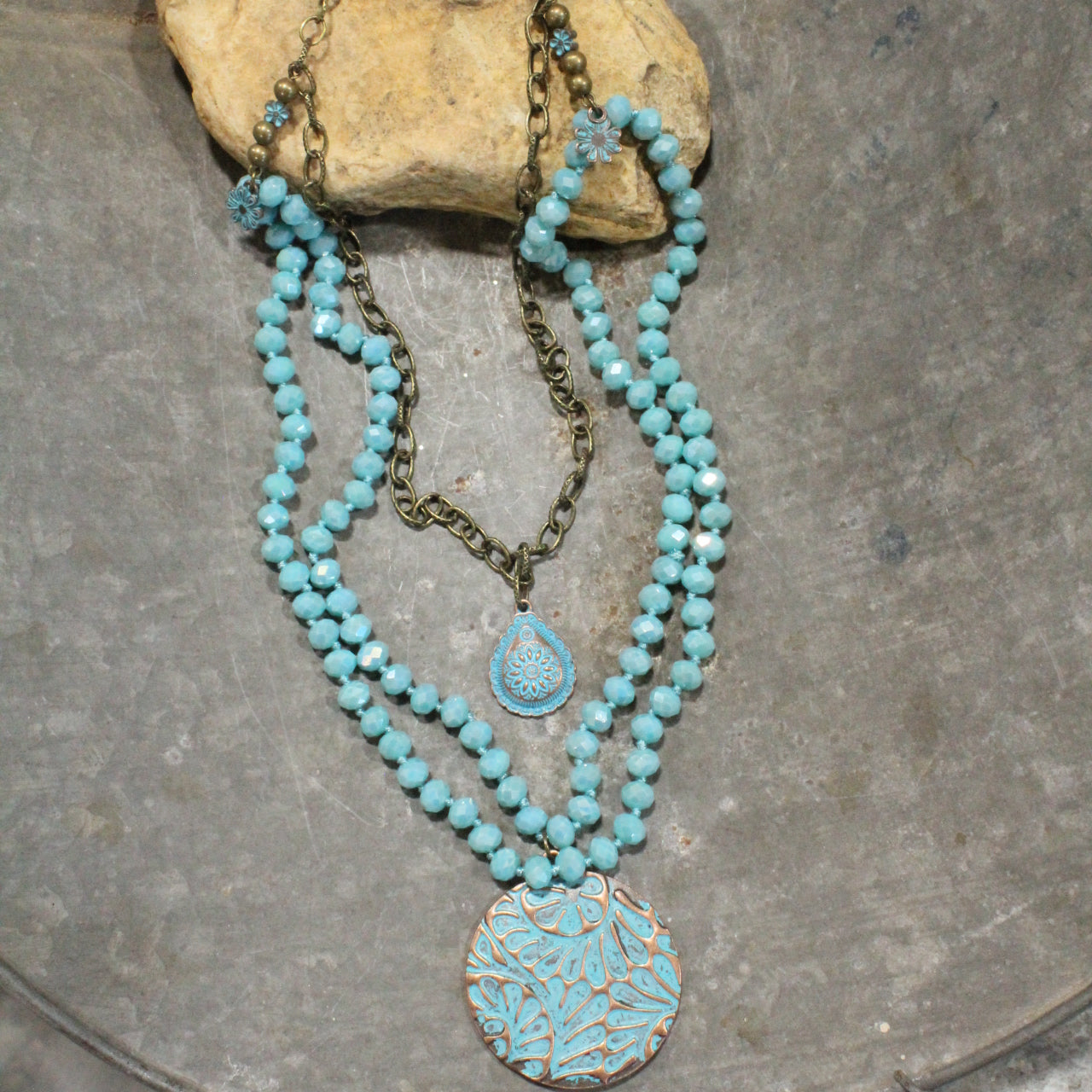 Bronze & Turquoise Flower Pendant Layered Necklace