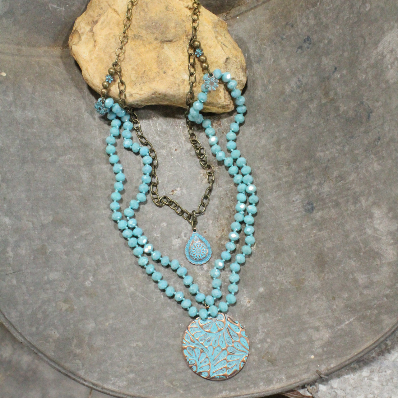 Bronze & Turquoise Flower Pendant Layered Necklace