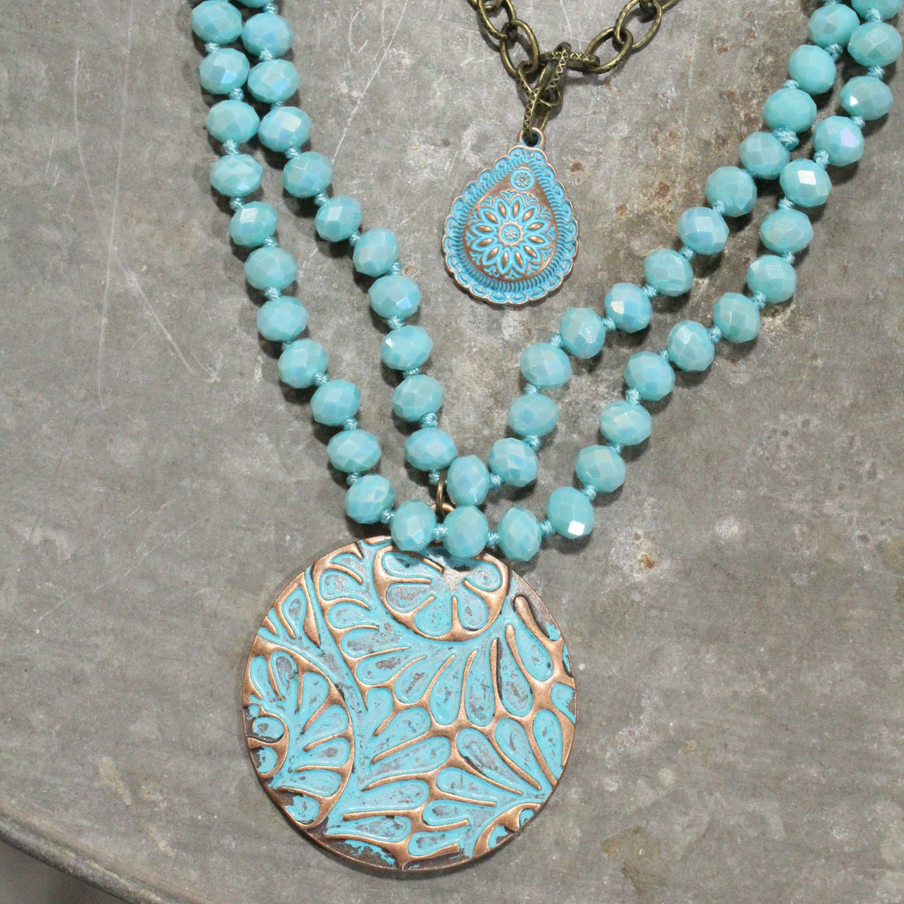 Bronze & Turquoise Flower Pendant Layered Necklace