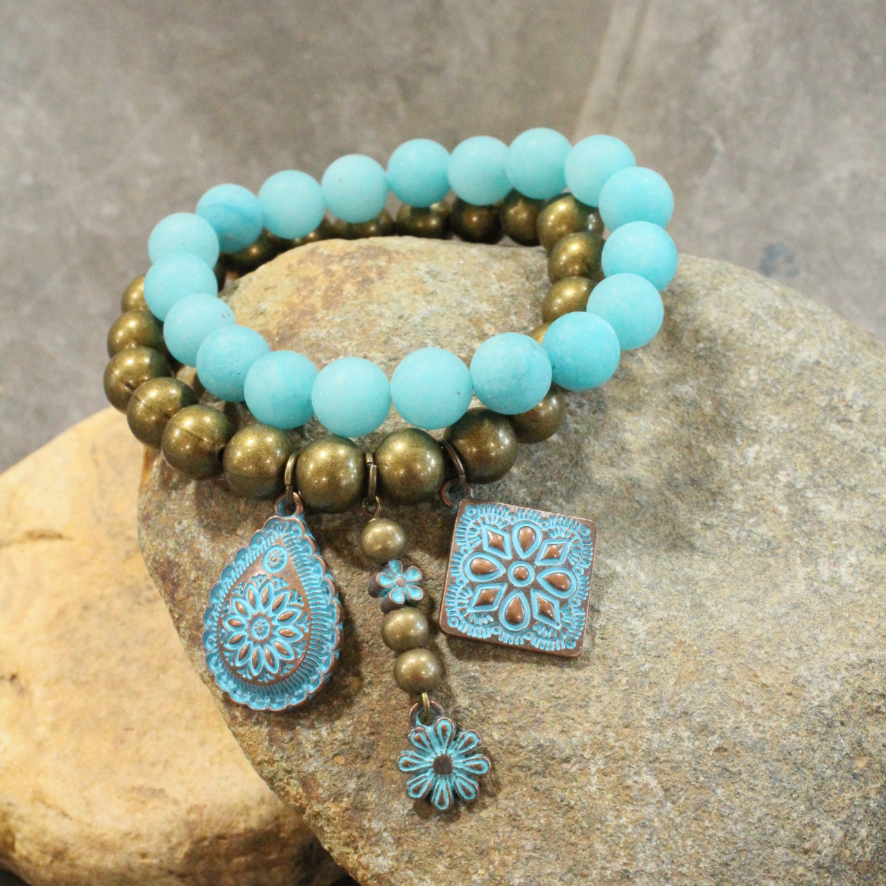 Bronze & Turquoise Flower Pendant Bracelet Set